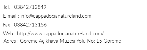 Natureland Cave Hotel telefon numaralar, faks, e-mail, posta adresi ve iletiim bilgileri